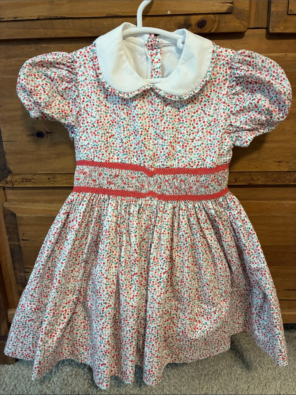 White Floral Smocked Girls Dress with Red Accents